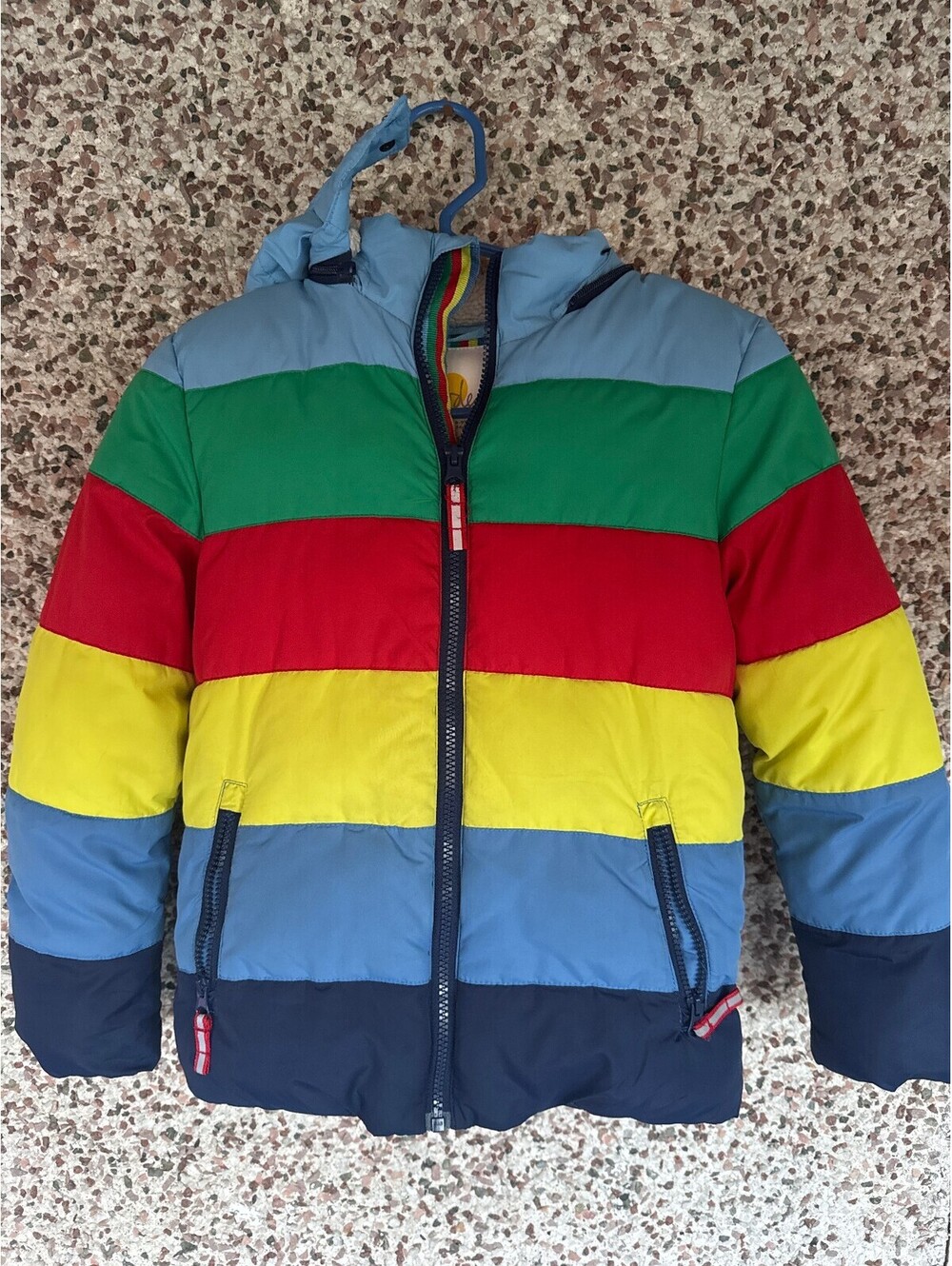Boden Kids Rainbow Color Block Puffer Jacket Sherpa Hood Size 8-9Y